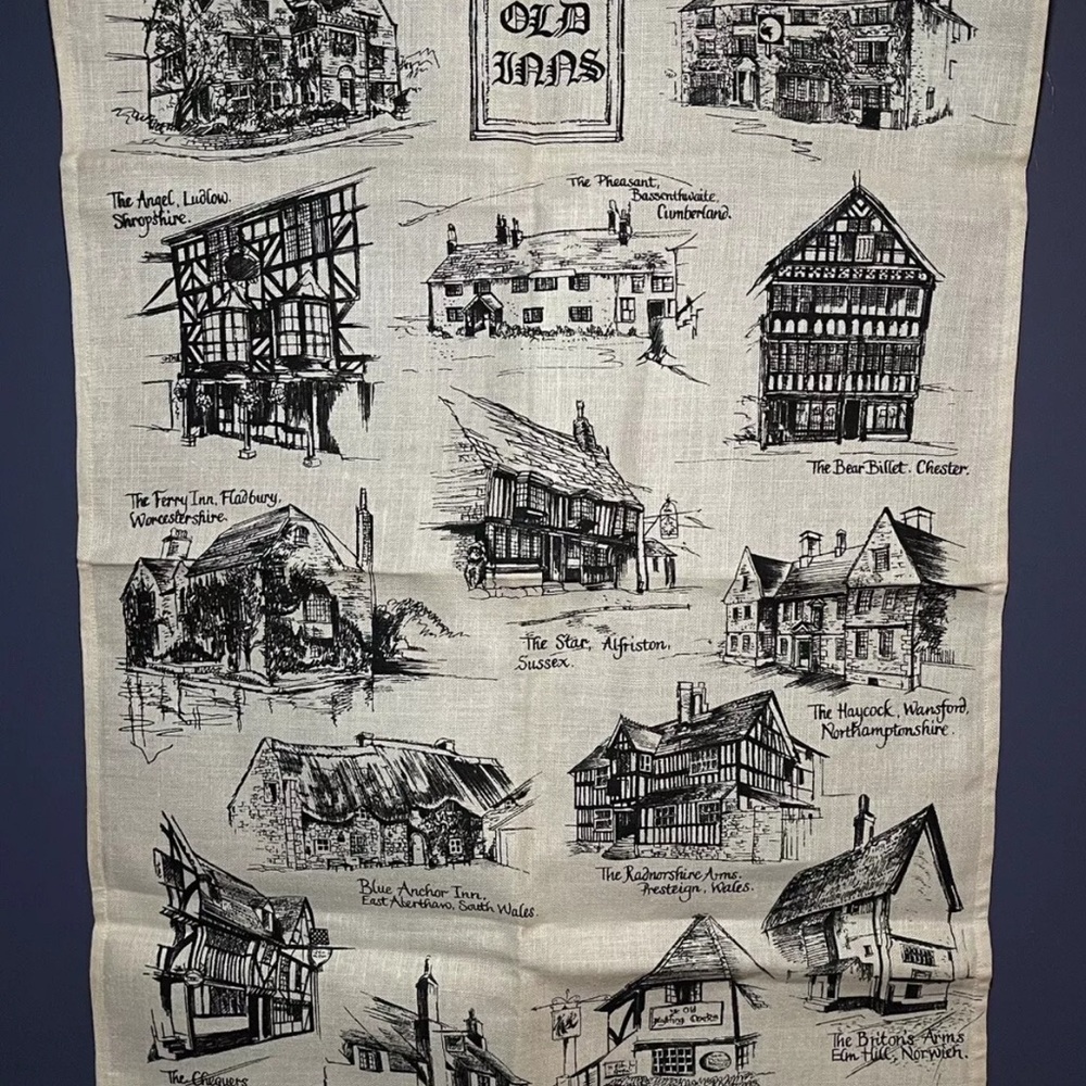 Horrockses Tea Towel “Old Inns” 100% Irish linen 1960s Vintage Original
